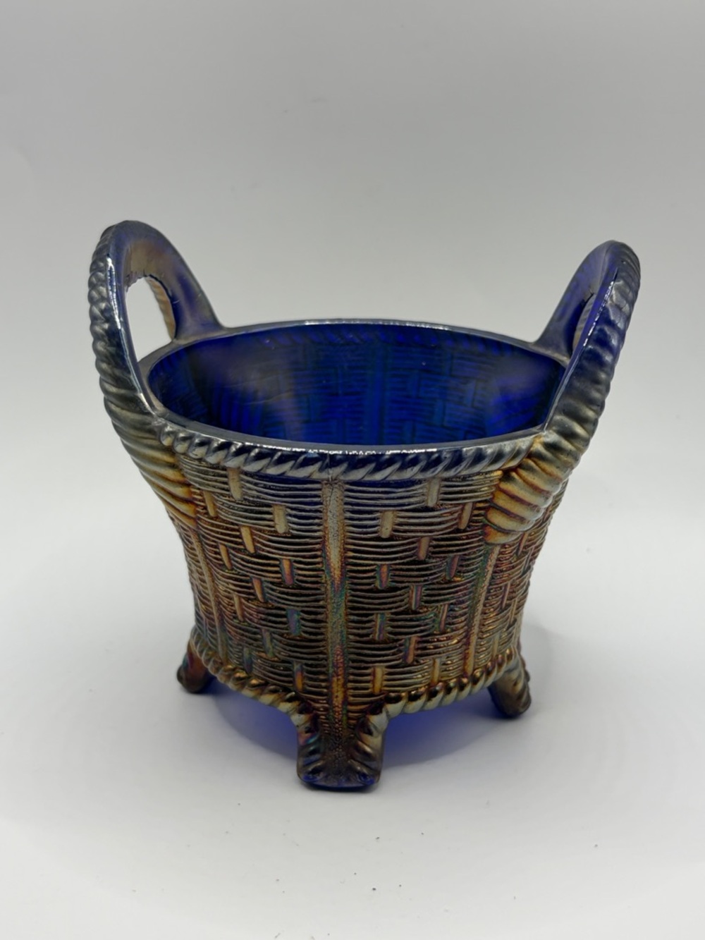 Northwood Antique Bushel Basket Cobalt Blue Carnival Glass Vase Vessel Decor